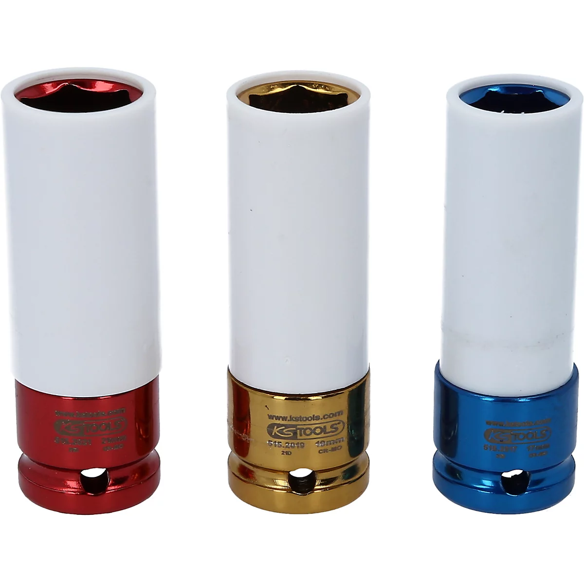 Drei verschiedenfarbige Steckschlüssel von KS TOOLS. Rot, Gold und Blau. Aufdruck mit Logo.